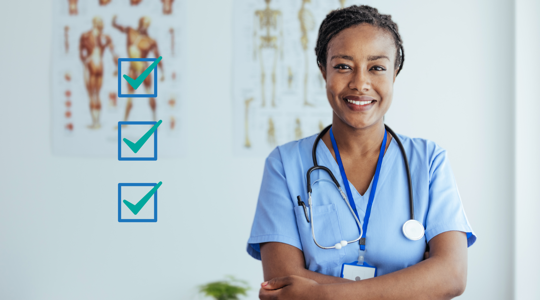 Female nurse standing in doctor's office with her arms crossed